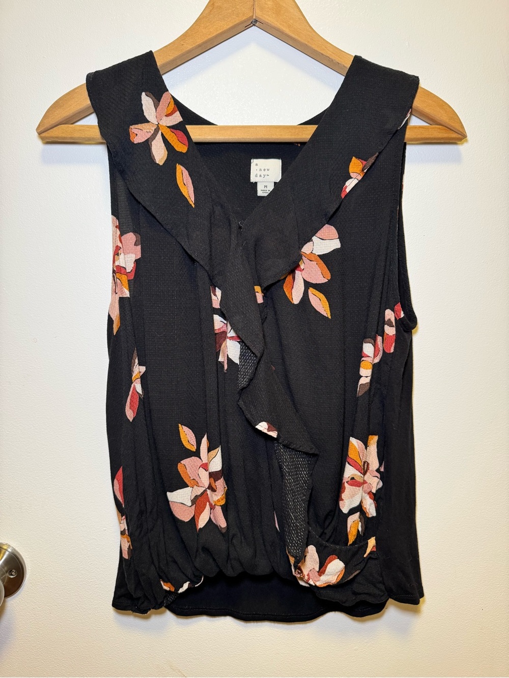 a new day Black Floral Ruffle V-Neck Sleeveless Camisole